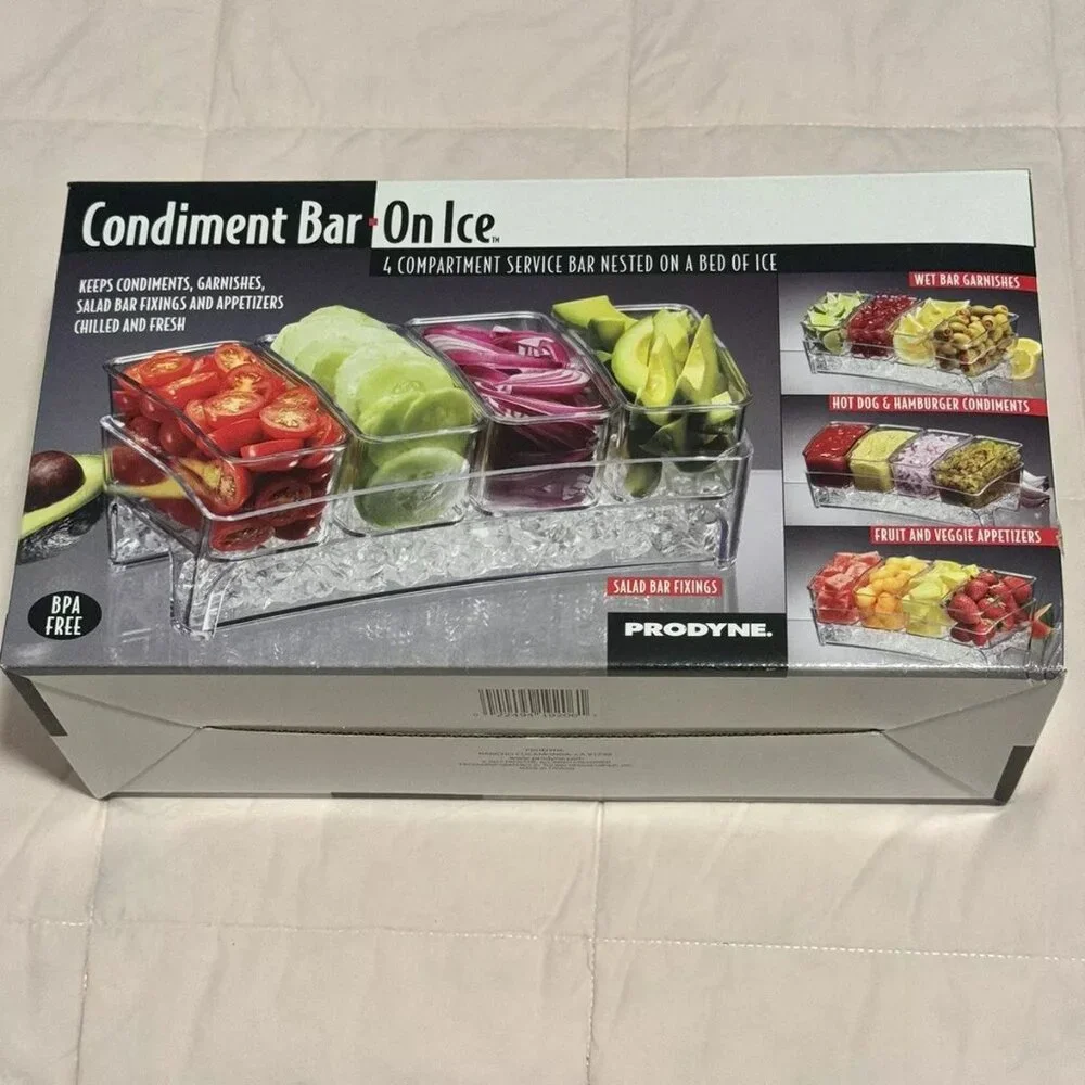 Clear Condiment 4 Compartments Service Bar nested on bed of ICE New in B…